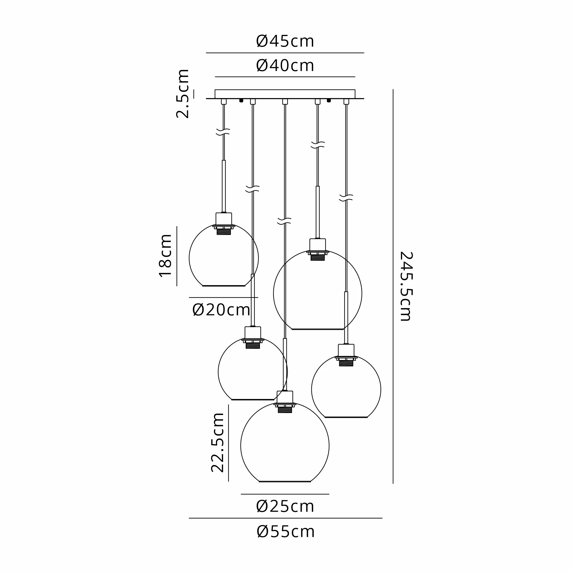 DK1295  Lori 45cm Round Pendant, 5 Light Adjustable E27, Polished Chrome/Iridescent/Iridescent Open Mouth Round Globe Shades